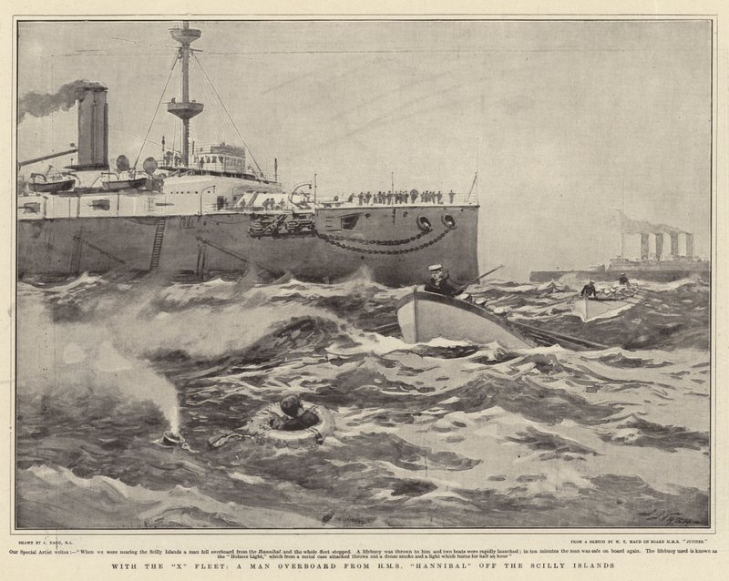 Avec la flotte X, un homme à la mer du HMS Hannibal au large des îles Scilly - Joseph Nash