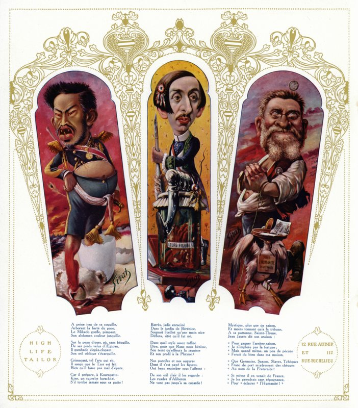 Caricatures : Empereur Meiji du Japon ; Maurice Barrès, écrivain et homme politique nationaliste français ; Jean Jaurès, homme politique français - Joseph Sirat