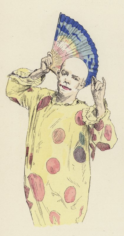 Clown tenant un éventail (lithographie en couleur) - Jules Arsene (after) Garnier