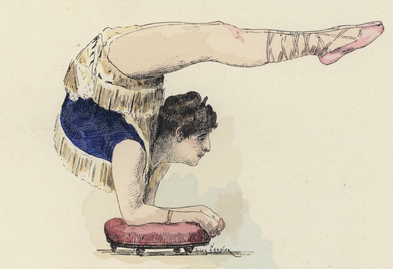 Gymnaste féminine faisant un équilibre sur les coudes (lithographie en couleur) - Jules Arsene (after) Garnier