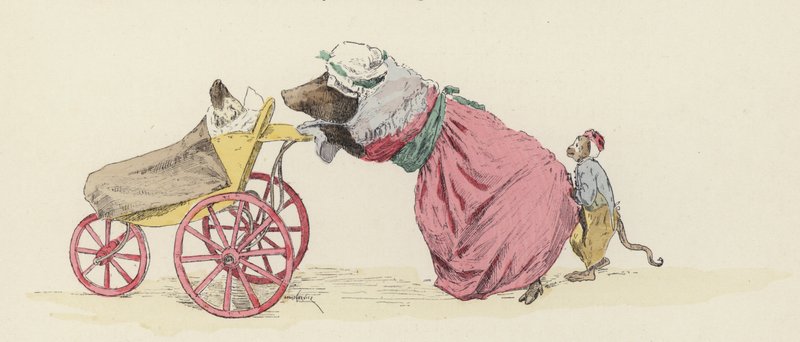 Cochon poussant un chien dans une poussette, avec un singe derrière (lithographie en couleur) - Jules Arsene (after) Garnier