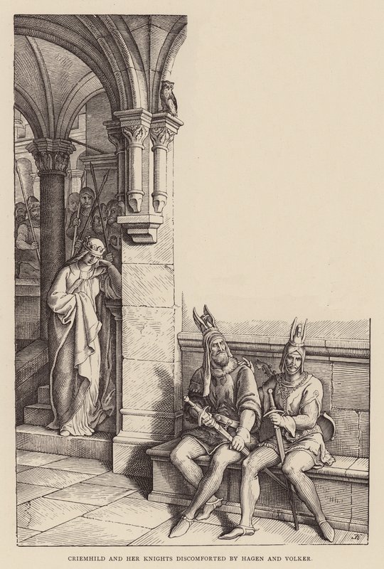 Criemhild et ses chevaliers déconcertés par Hagen et Volker - Julius (after) Schnorr von Carolsfeld