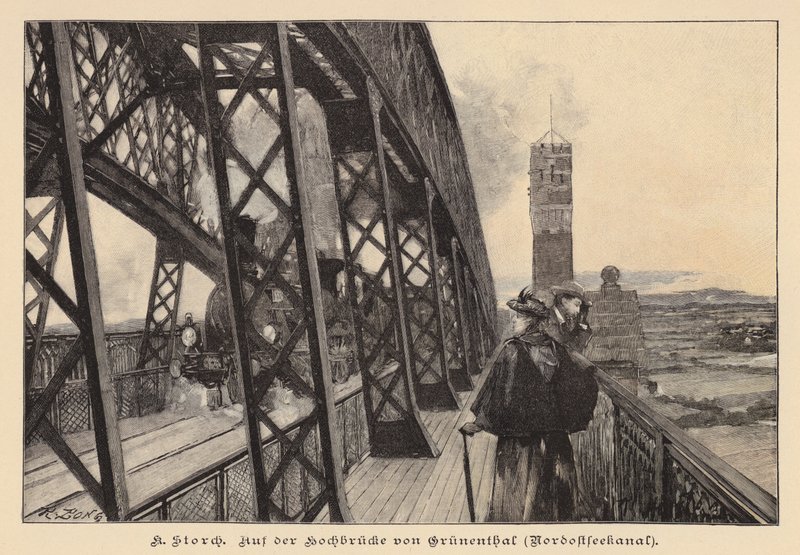 Sur le pont supérieur de Grunental sur le canal de Kiel, Allemagne (gravure) - Karl Storch