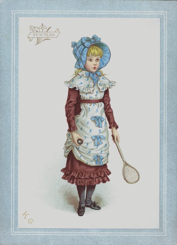 Fille en robe et bonnet, tenant un volant et une raquette - Kate (after) Greenaway