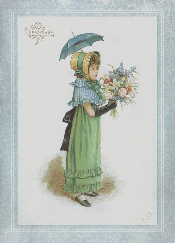 Fille en robe verte, tenant un parasol et un bouquet de fleurs - Kate Greenaway