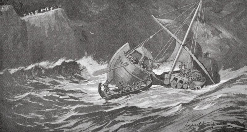 Le navire de bois a été pris dans une tempête et les moines sont allés à son secours dans de petits bateaux - Lancelot Speed