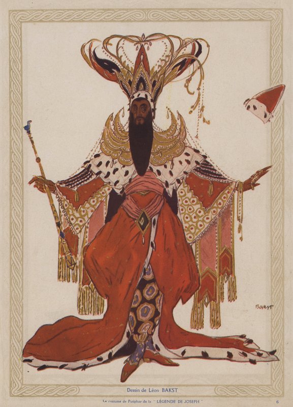 Conception de costume par Leon Bakst pour Potiphar dans une production des Ballets Russes du ballet Josephslegende de Richard Strauss (lithographie en couleur) - Leon (after) Bakst