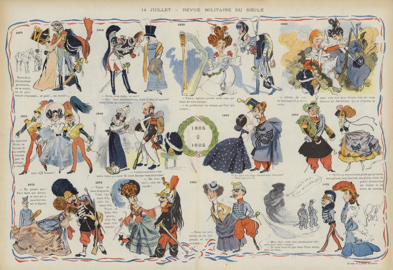 14 juillet - revue militaire du siècle passé. Illustration pour Le Rire - Leonce Burret