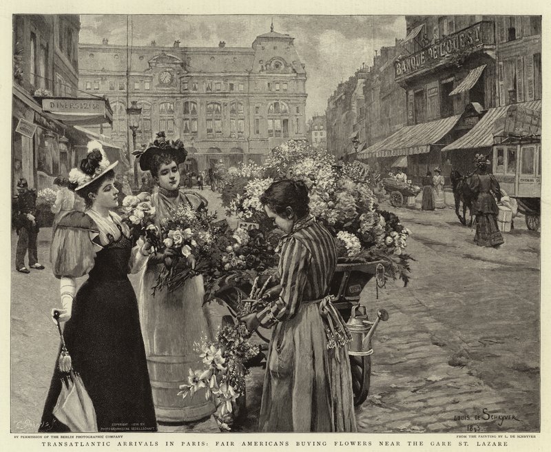 Arrivées transatlantiques à Paris, des Américains achetant des fleurs près de la gare Saint-Lazare - Louis de Schryver