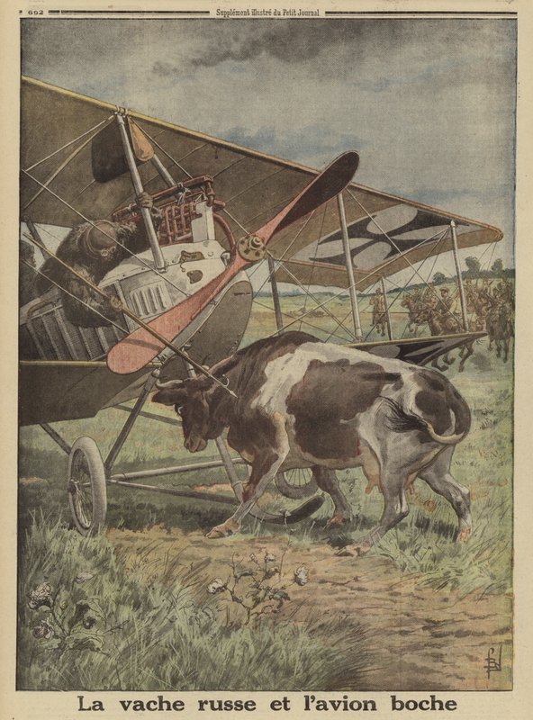 Vache empêchant un avion allemand de décoller, Loutsk, Russie, Première Guerre mondiale - Louis Charles (after) Bombled