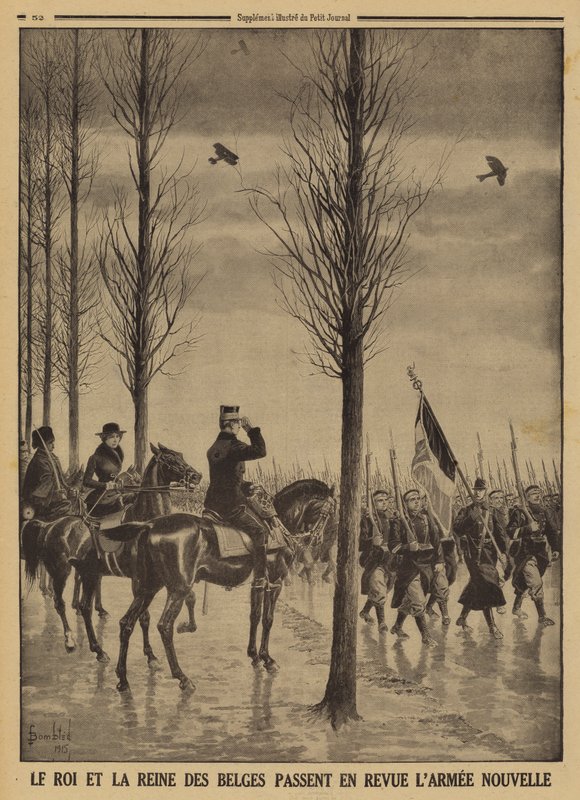 Le roi Albert Ier et la reine Élisabeth des Belges passant en revue leur nouvelle armée, Première Guerre mondiale - Louis Charles (after) Bombled