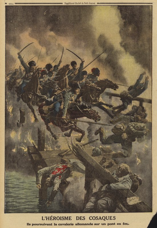 Cosaques russes poursuivant la cavalerie allemande sur un pont en feu au-dessus de la rivière Strypa, Première Guerre mondiale - Louis Charles (after) Bombled