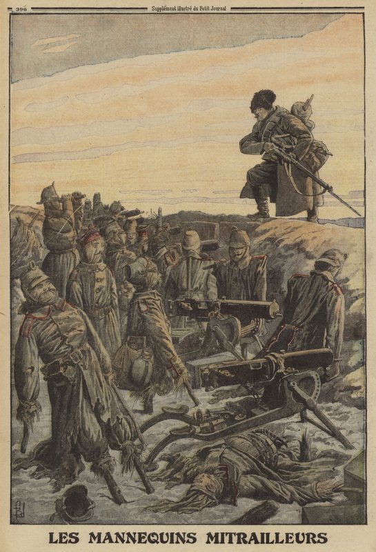 Soldat russe découvrant une tranchée allemande avec des mitrailleuses manœuvrées par des soldats factices ; Première Guerre mondiale - Louis Charles (after) Bombled