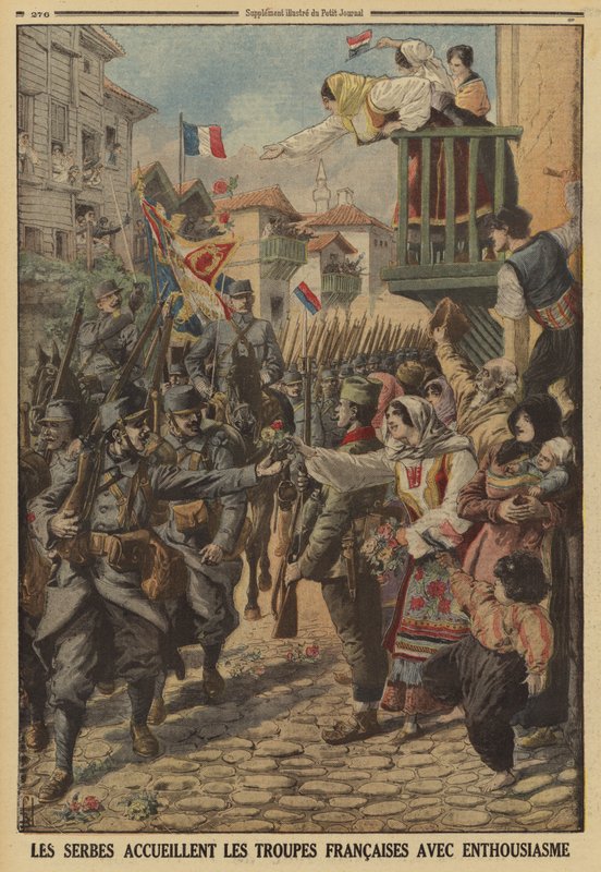 Civils serbes accueillant avec enthousiasme l
