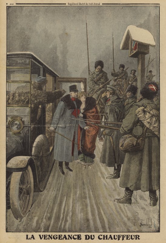 Le chauffeur du général autrichien Skarbonovitch livrant le général et sa femme à la captivité des Russes en vengeance pour avoir été battu à plusieurs reprises, Première Guerre mondiale - Louis Charles (after) Bombled