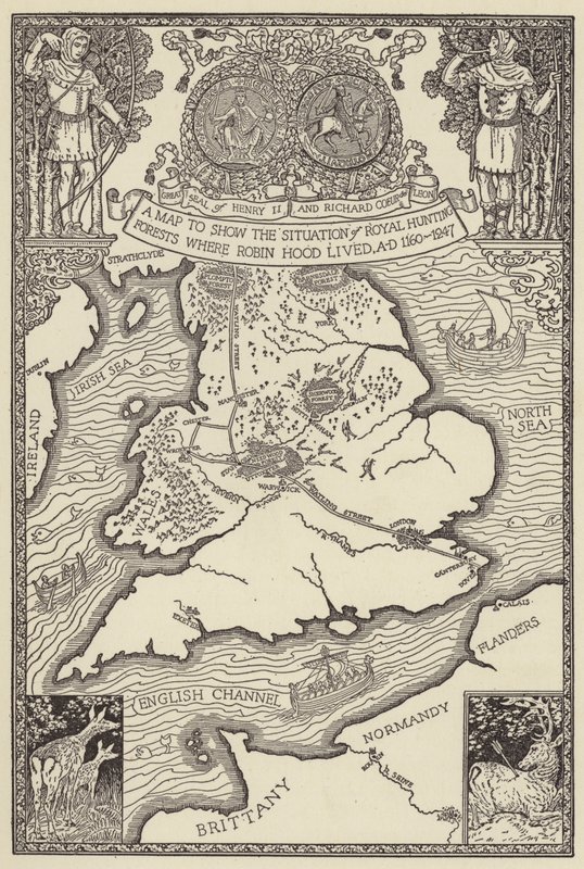 Carte montrant la situation des forêts de chasse royale où vivait Robin des Bois, 1160-1247 - Louis John Rhead