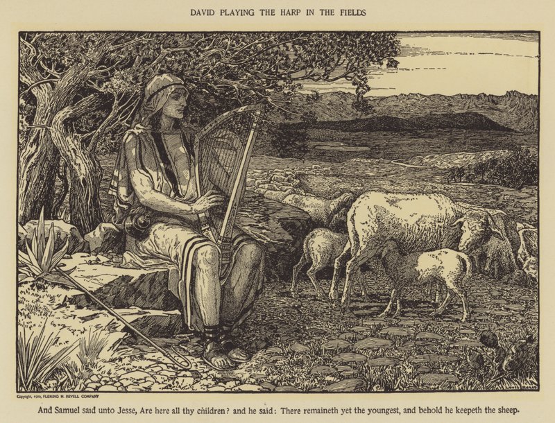 David jouant de la harpe dans les champs - Louis John Rhead
