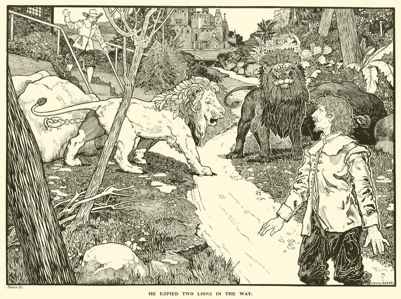 Il aperçut deux lions sur le chemin - Louis John Rhead