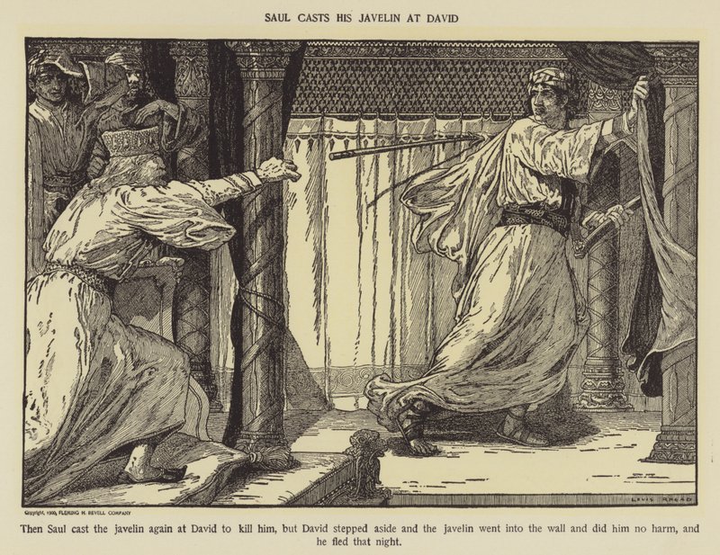 Saül lance son javelot sur David - Louis John Rhead