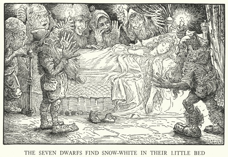Les sept nains trouvent Blanche-Neige dans leur petit lit - Louis John Rhead