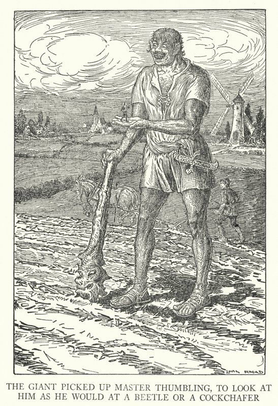Le géant ramassa Maître Pouce pour le regarder comme il le ferait avec un scarabée ou un hanneton - Louis John Rhead