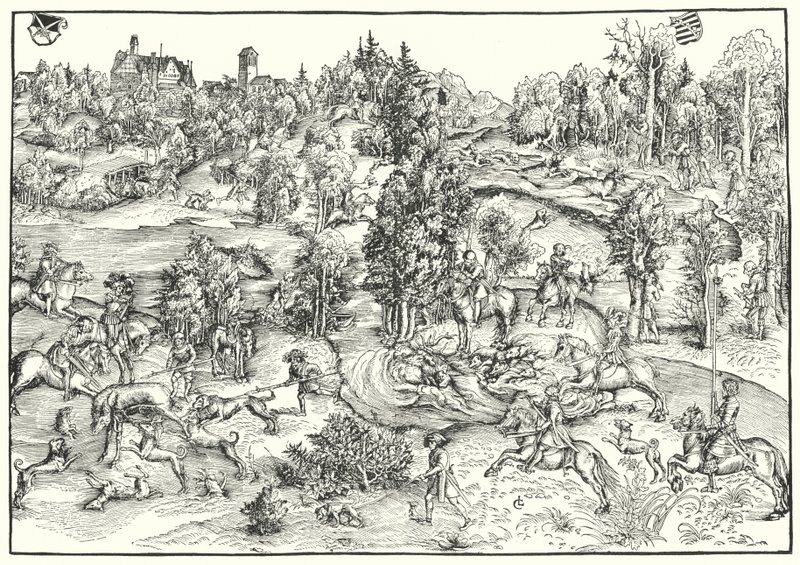 Chasse au cerf dans un parc à daims ou paysage - Lucas the Elder (after) Cranach