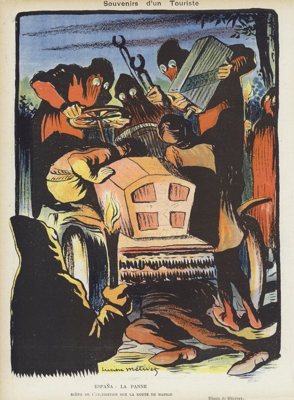 Satire sur la course automobile Paris-Madrid de 1903. Illustration pour Le Rire - Lucien Metivet
