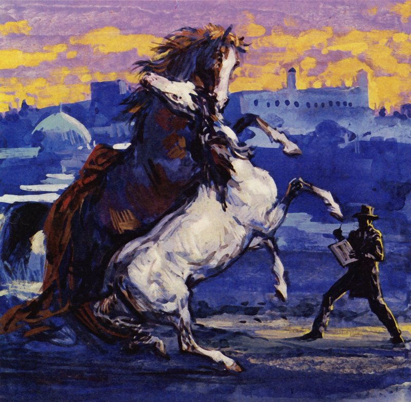 Delacroix a vu deux étalons sauvages se battre et, sans se soucier du risque, a esquissé la scène (lithographie en couleurs) - Luis Arcas Brauner