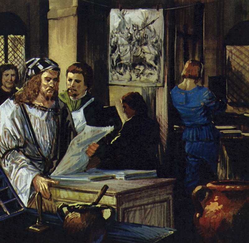 Durer se rend à Bâle et devient xylographe (graveur sur bois) (lithographie en couleurs). - Luis Arcas Brauner
