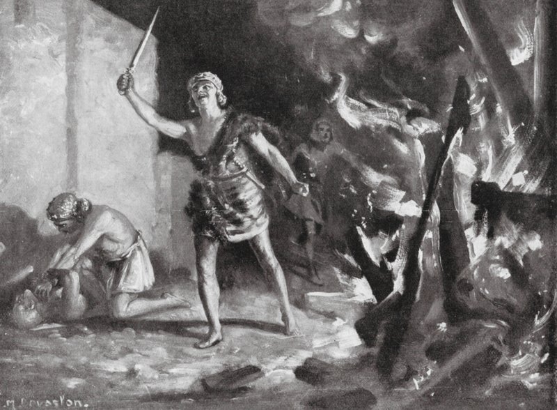 Elamites brûlant et pillant un village babylonien (litho) - Margaret (after) Dovaston