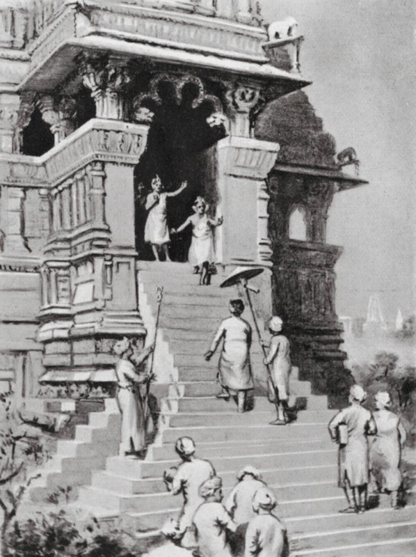Kirtivarman Chandella visite son temple à Khajurahu, AD 1065 (litho) - Margaret (after) Dovaston