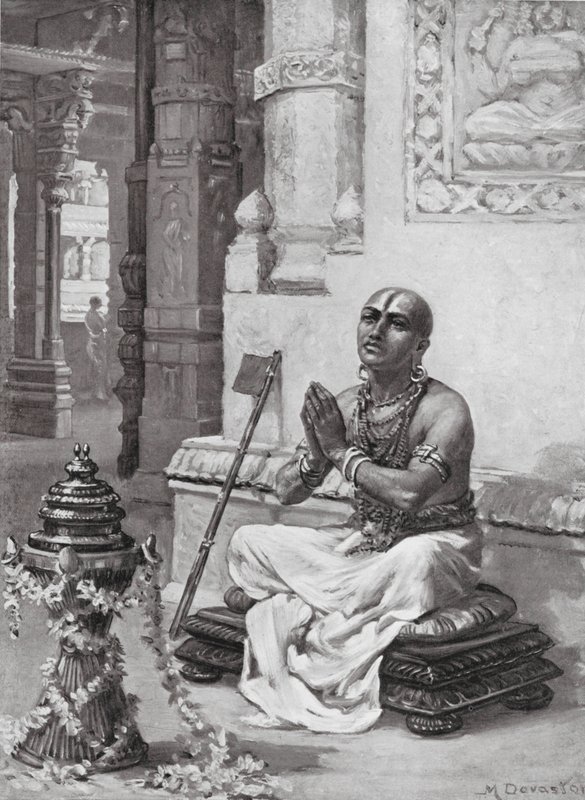 Ramanuja contemplant sa philosophie du Dieu personnel unique, 1100 ap. J.-C. (lithographie) - Margaret (after) Dovaston