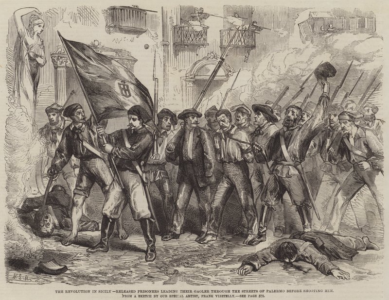 La révolution en Sicile, des prisonniers libérés conduisant leur geôlier dans les rues de Palerme avant de le fusiller - Matthew Somerville Morgan