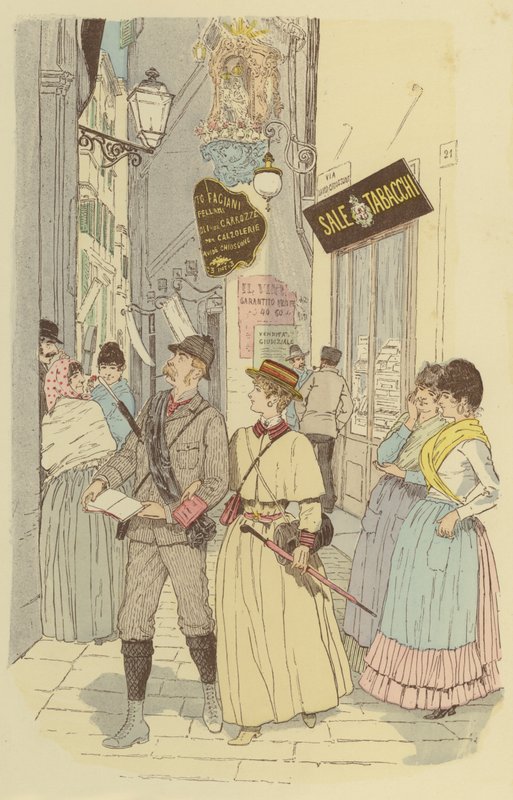 Un homme et sa femme marchant dans les ruelles de la vieille ville de Gênes - Maurice Charles Mathieu Bonvoisin