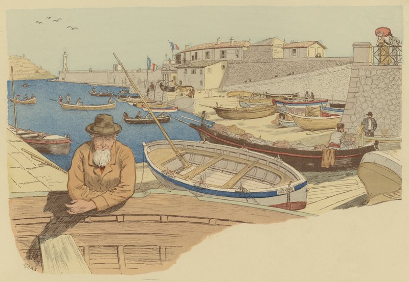 Marin typique dans le port de Nice, France (lithographie en couleur) - Maurice Charles Mathieu Bonvoisin
