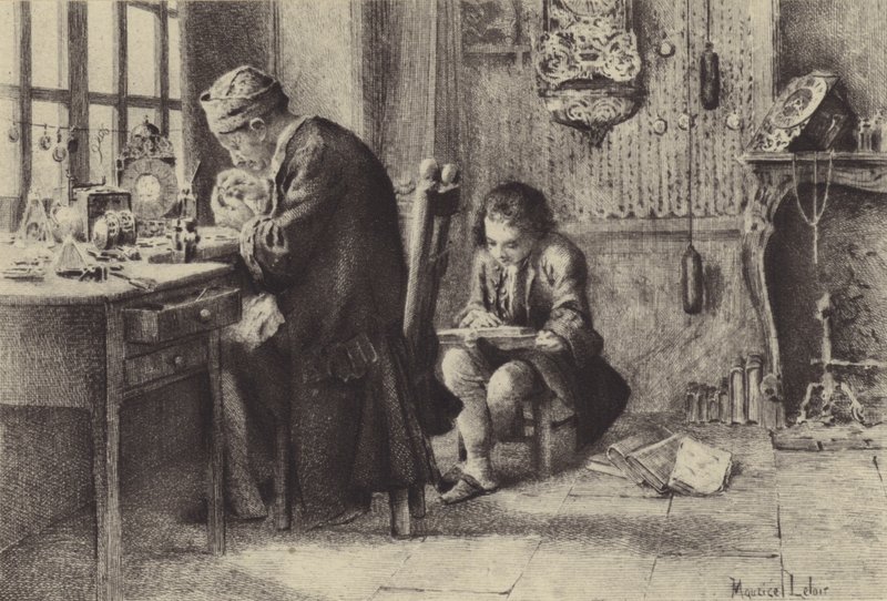 Le jeune Jean-Jacques Rousseau lisant pendant que son père travaille - Maurice Leloir