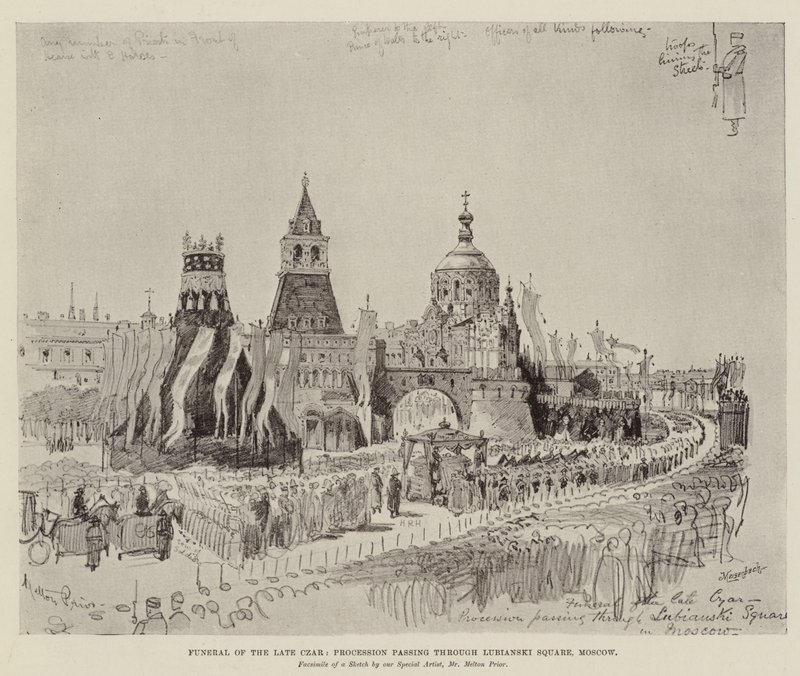 Funérailles du défunt Tsar, procession passant par la place Lubianski, Moscou - Melton Prior