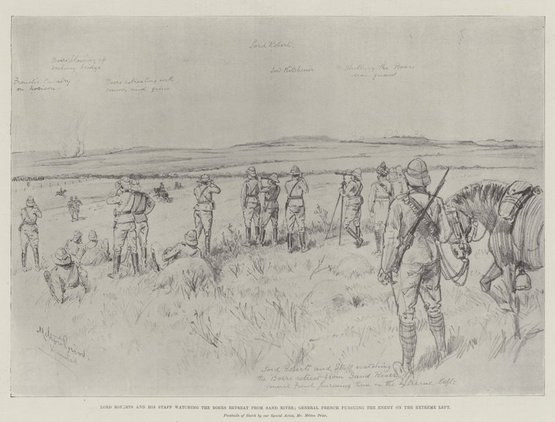 Lord Roberts et son état-major observant la retraite des Boers de Sand River ; le général French poursuivant l