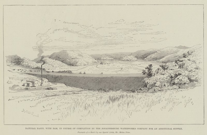 Bassin naturel, avec barrage, en cours de réalisation par la Johannesburg Waterworks Company pour un approvisionnement supplémentaire - Melton Prior