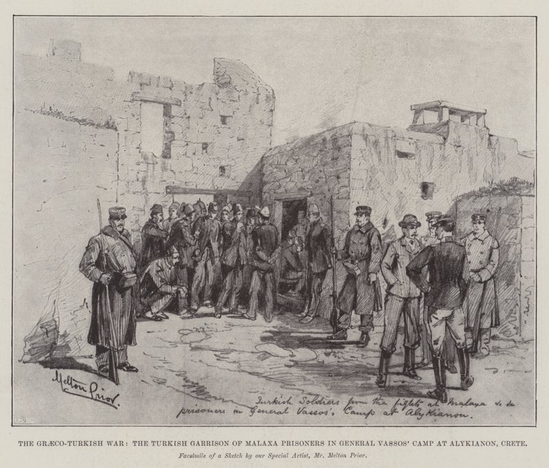 La guerre gréco-turque, la garnison turque de Malaxa prisonnière dans le camp du général Vassos à Alykianon, Crète - Melton Prior