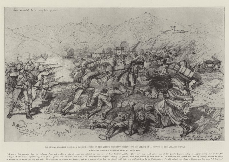 Le soulèvement de la frontière indienne, une garde de bagages du régiment de la reine repoussant une attaque sur un convoi dans le défilé d