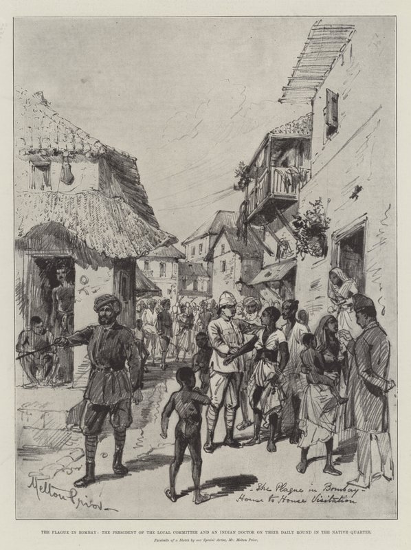 La Peste à Bombay, le Président du Comité local et un médecin indien lors de leur tournée quotidienne dans le quartier indigène - Melton Prior