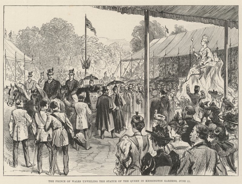 Le Prince de Galles dévoilant la statue de la Reine dans les jardins de Kensington, 28 juin - Melton Prior