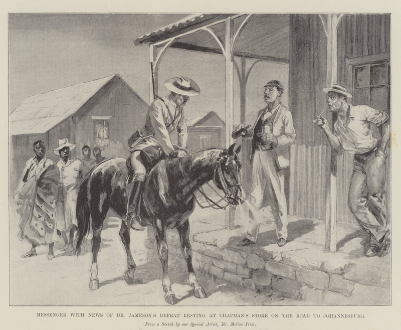 Messager avec des nouvelles de la défaite du Dr Jameson se reposant au magasin de Chapman sur la route de Johannesburg - Melton (after) Prior