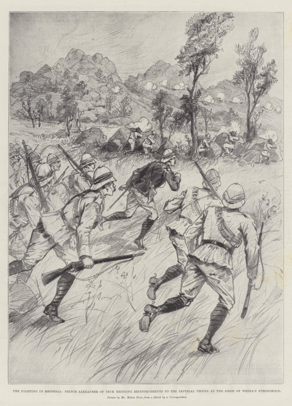 Les combats en Rhodésie, le prince Alexandre de Teck apportant des renforts aux troupes impériales lors du siège de la forteresse de Wedza - Melton Prior