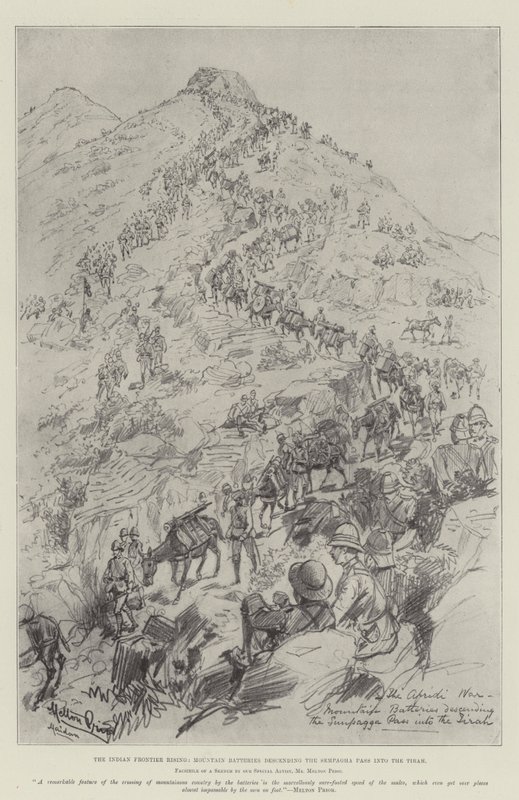 Le Soulèvement de la Frontière Indienne, Batteries de Montagne descendant le Col de Sempagha dans le Tirah - Melton Prior