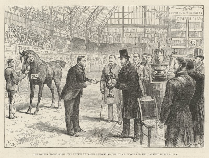 Le salon du cheval de Londres, le prince de Galles remettant la coupe à M. Moore pour son cheval Hackney Rufus - Melton Prior
