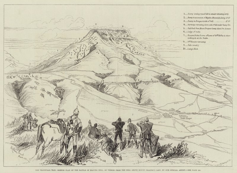 La guerre du Transvaal, plan schématique de la bataille de Majuba Hill, vue depuis la colline au-dessus du camp de Mount Prospect - Melton Prior