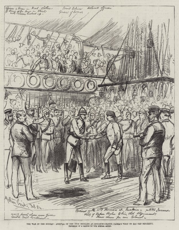 La guerre au Soudan, arrivée des 10e hussards à Souakim, visite du général Baker Pasha à son ancien régiment - Melton Prior
