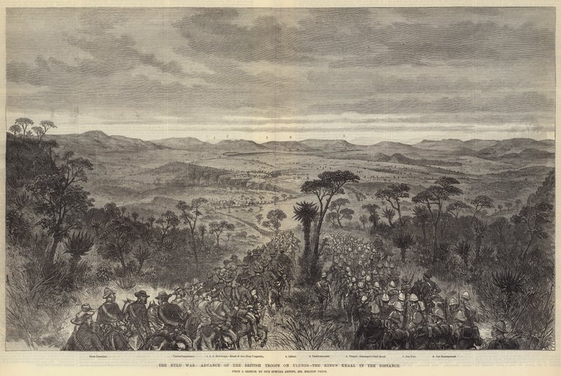 La guerre zouloue, avancée des troupes britanniques sur Ulundi, le kraal du roi au loin - Melton Prior